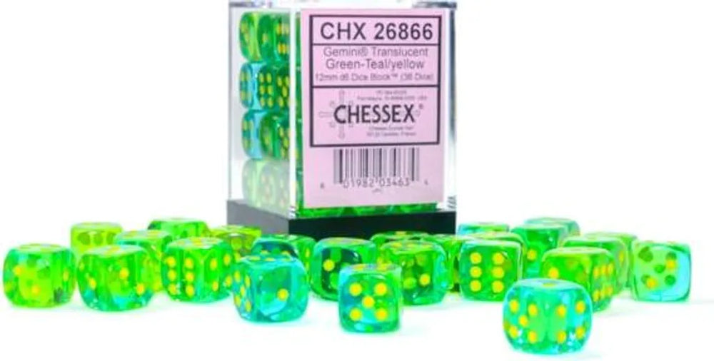 Chessex Translucent Gemini 12mm d6 Green-Teal/yellow Dice Block