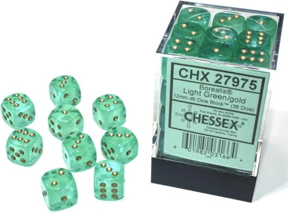 Chessex Borealis 12mm Light Green/gold Dice Block