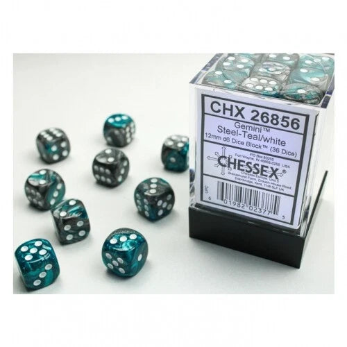 Chessex Gemini 12mm Steel-Teal/white1 Dice Block